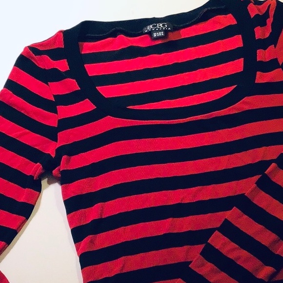 BCBG Red Black Striped French Mime Style Shirt Long Sleeve Medium